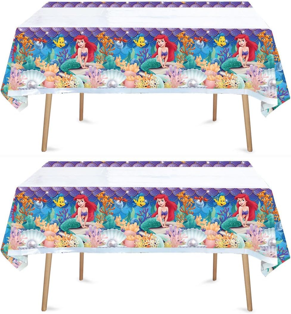 Photo 1 of Little Mermaid Tablecloth, 2pcs Rectangular Plastic Table Cover, 70'' x 42'', Waterproof Birthday Party Supplies Decorations (2 Pack Blue Pink) 1