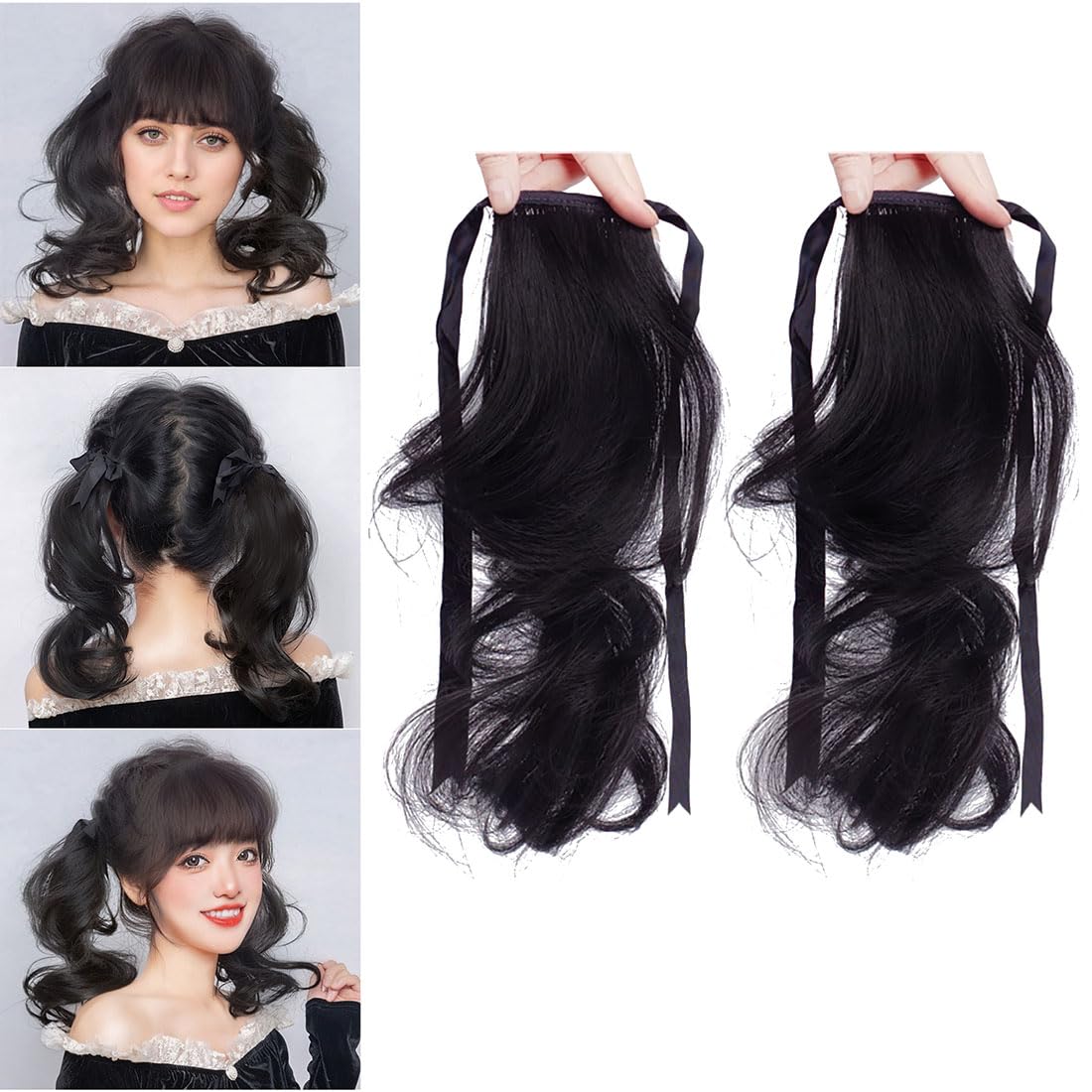 2Pcs Short Wavy Ponytail Hairpiece 30cm Light No Pressure Synthetic Hair Extension Tie Up Pony-tail Twin-tail (Jet Black)