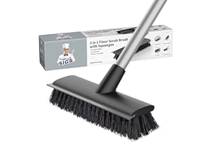 MR.SIGA Floor Scrub Brush with Long Handle, 2 in 1 Floor Scrubber and Squeegee for Cleaning Bathroom, Patio, Garage, Wall, Ti