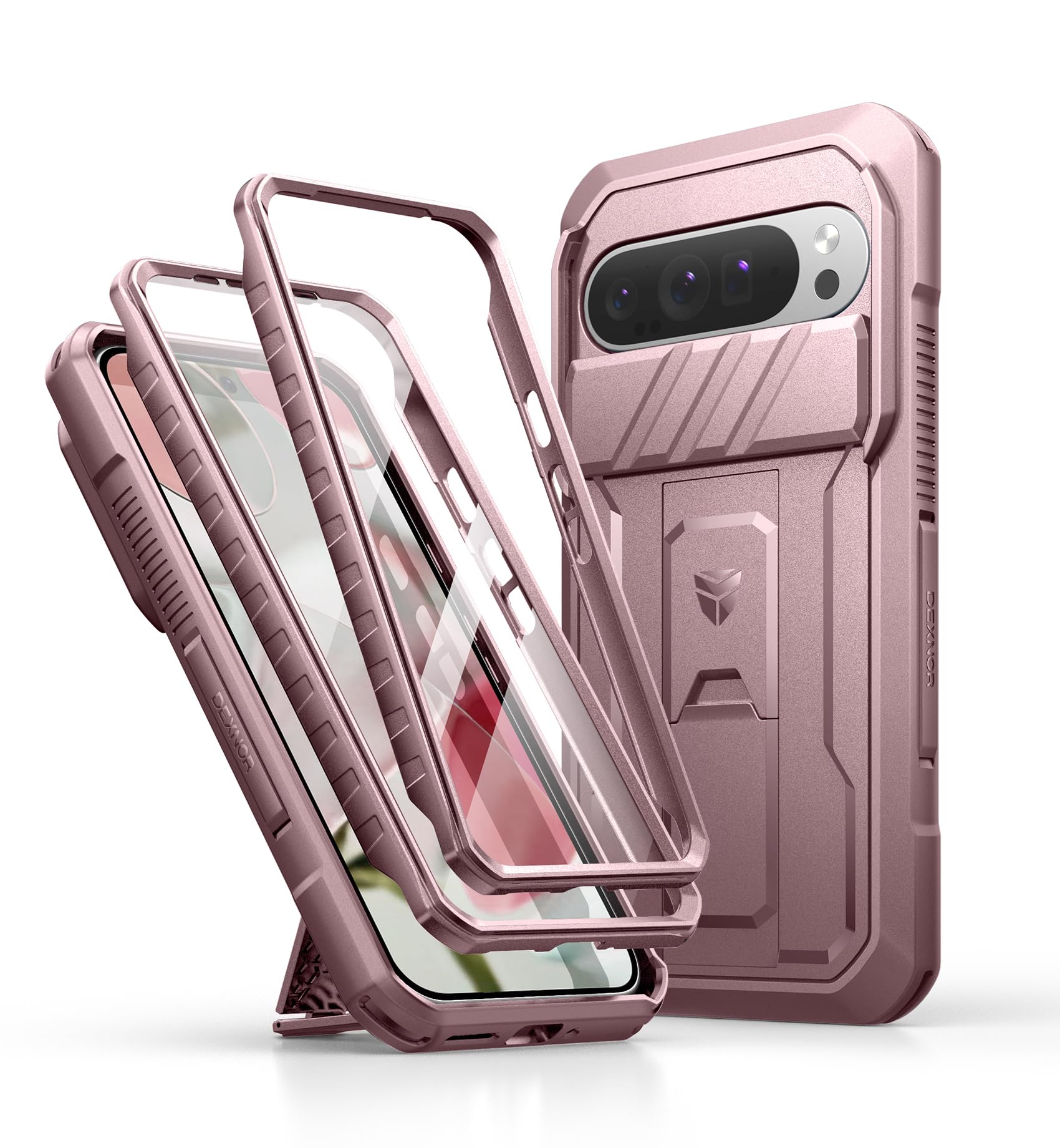 Dexnor for Google Pixel 9 Pro XL Case with Built-in Slide Camera Cover & Screen Protector & Kickstand, Heavy-Duty Shockproof Rugged Case Full-Body Bumper Protective Cover - Pink