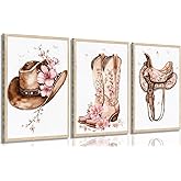 Tertiosh 3Pcs Western Cowgirl Wall Art Retro Western Flower Boots Hats Wall Decoration Pictures Girls Room Paintings Artwork Preppy Prints for Living Room Bedroom Dorm Decor 12x16in Poster