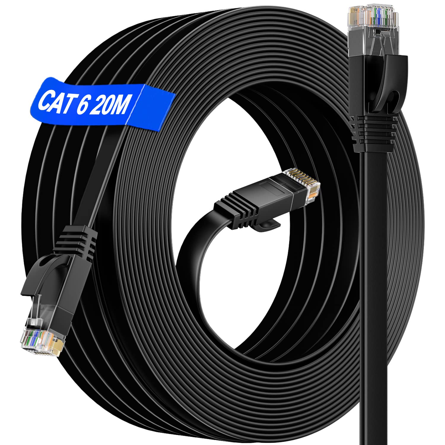 Soibke Internet Cable 20m Long CAT 6 Ethernet Cable High Speed 1000Mbps Gigabit Flat Lan Cable Compatible with Cat.5e Cat.6 for PS5 PC Switch Router Xbox Smart TV Home Office Network Black