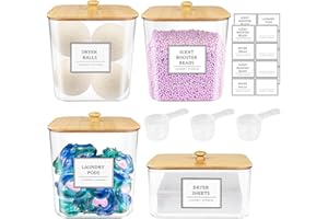 HOMEPEKITE 3+1 Pack Laundry Pods Container,Clear Laundry Room Organization Containers,Large Laundry Detergent Powder Storage Containers with Wooden Lids & Labels,Laundry Pods Holder for Scent Booster,Powder,Pods
