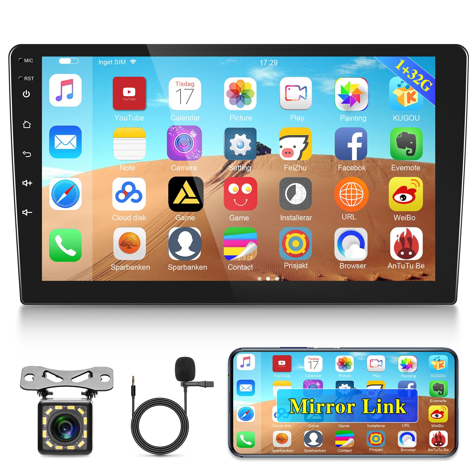 Photo 1 of 10.1 inch Android Double Din Car Stereo, [1G+32G] Touch Screen Android Radio with Wireless&Wired Mirror Link/1080P/EQ/WiFi/SWC/Bluetooth +Backup Camera+MIC