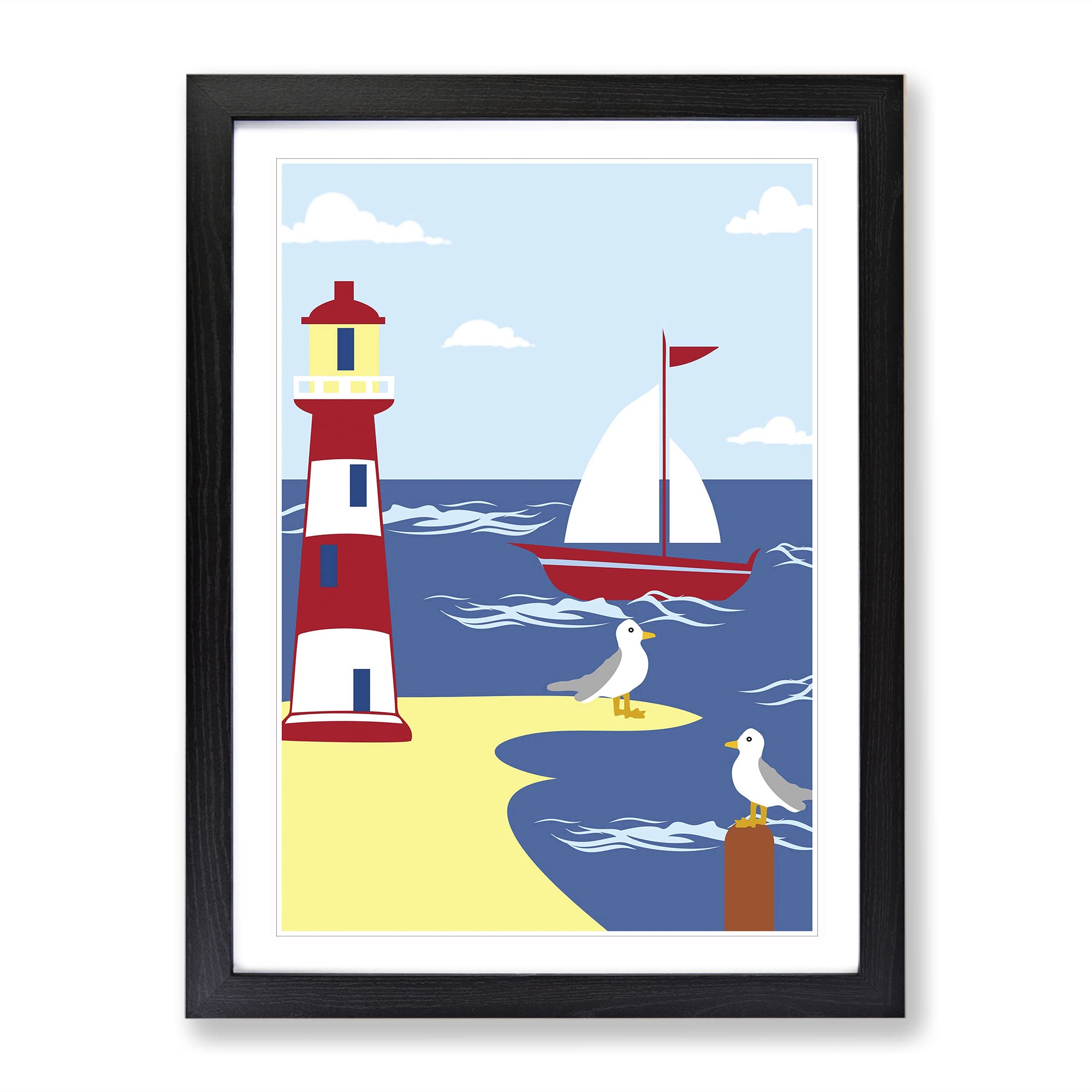 Lighthouse & Sailboat Art Childrens Art Modern Framed Wall Art Print, Ready to Hang Picture for Living Room Bedroom Home Office Décor, Black A4 (34 x 25 cm)