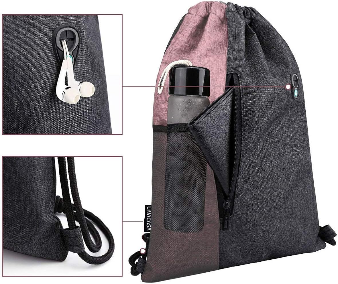 LIVACASA Drawstrings Backpacks Bags for Men Women Gym Drawstring Bags USB Port Headphone Hole Waterproof Pink: Sports & Outdoors