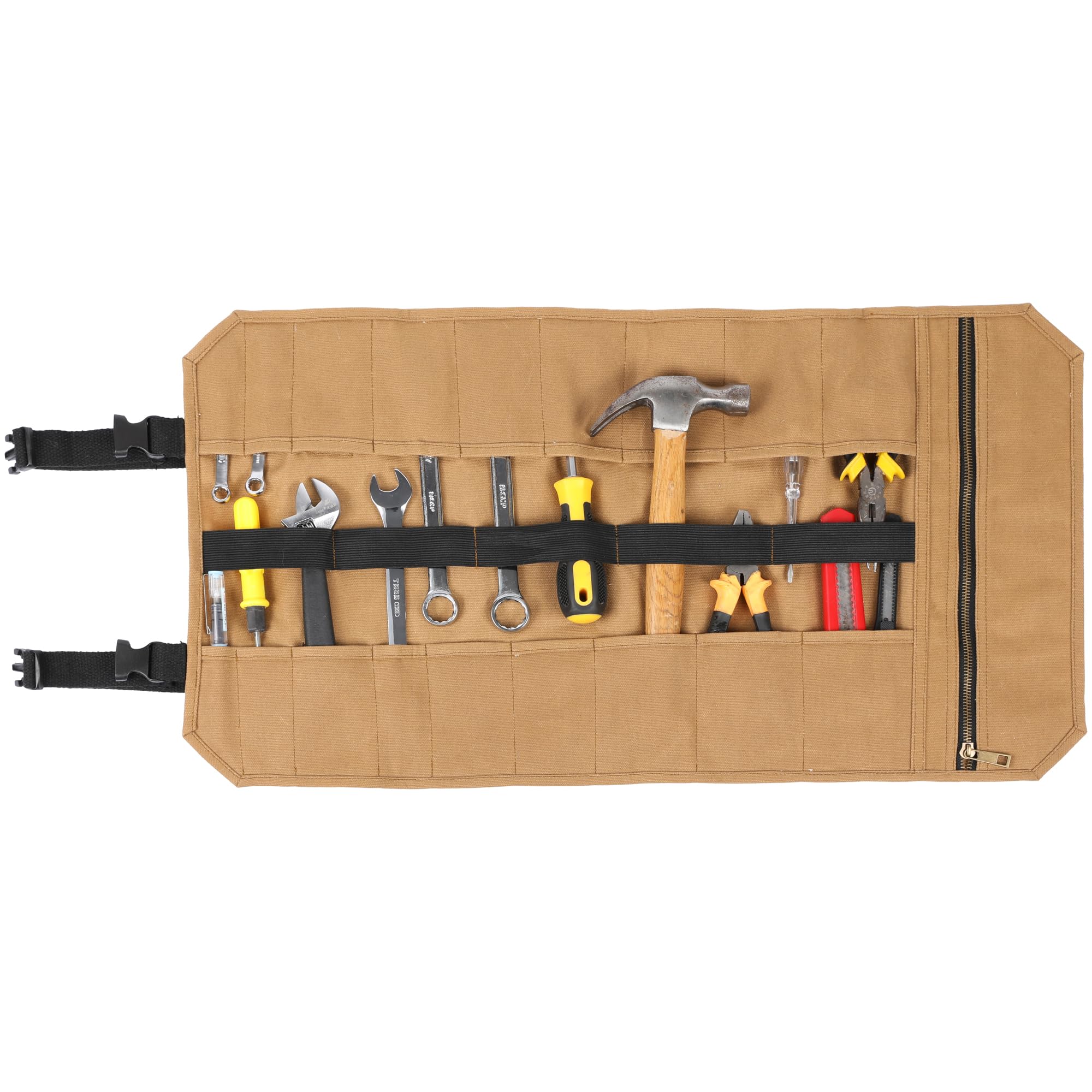 Waxed Canvas Tool Roll Up Bag with 18 Open Slots + 1 Zippered Pocket, Multi-Purpose Tool Storage for Plumber, Electrician, Mechanic | Khaki | 65x36cm