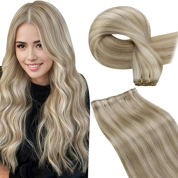 LaaVoo Tressen Echthaar Extensions Blond Highlight Echthaar Tressen Zum Einnähen Aschblond Mit Gebleichtes Haarverlängerung Echthaar Glatt 50cm 100Gramm #P18/613