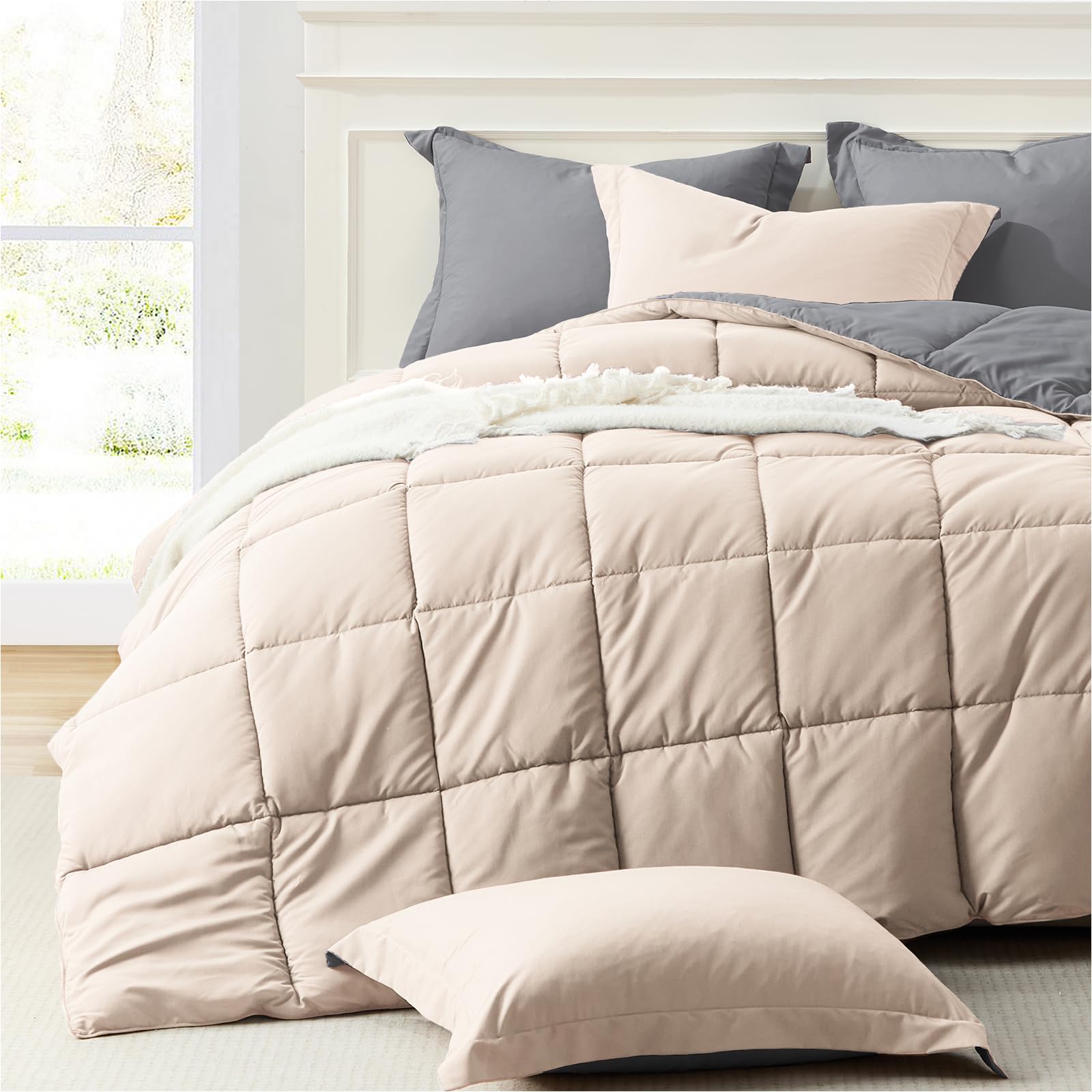 Photo 1 of Homelike Moment Twin Comforter Set Beige, Comforter Twin Size Bed Set, Lightweight Reversible Down Alternative Bed Comforters Soft All Season 2 Piece Sets Grey/Beige