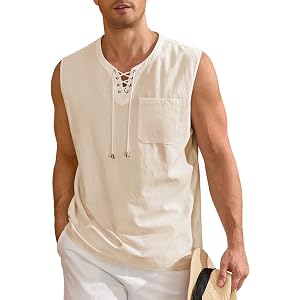 Indoner Men's Cotton Tank Top Lace Up Sleeveless Shirts Casual Bohemian Tops