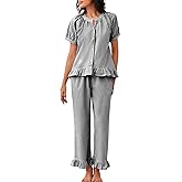 COZYPOIN Womens Striped Pajama Sets 2 Piece Cotton Button Down Short Sleeve Shirt Y2K Ruffle Pants Pockets Pjs Lounge Set