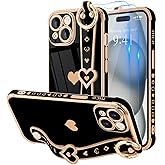 LLZ.COQUE Compatible with iPhone 15 Plus Case with Strap for Women Girls [2× Screen Protectors], Cute Love-Hearts, Wristband Kickstand Luxury Plating Edge Protective Phone Case (6.7") - Black