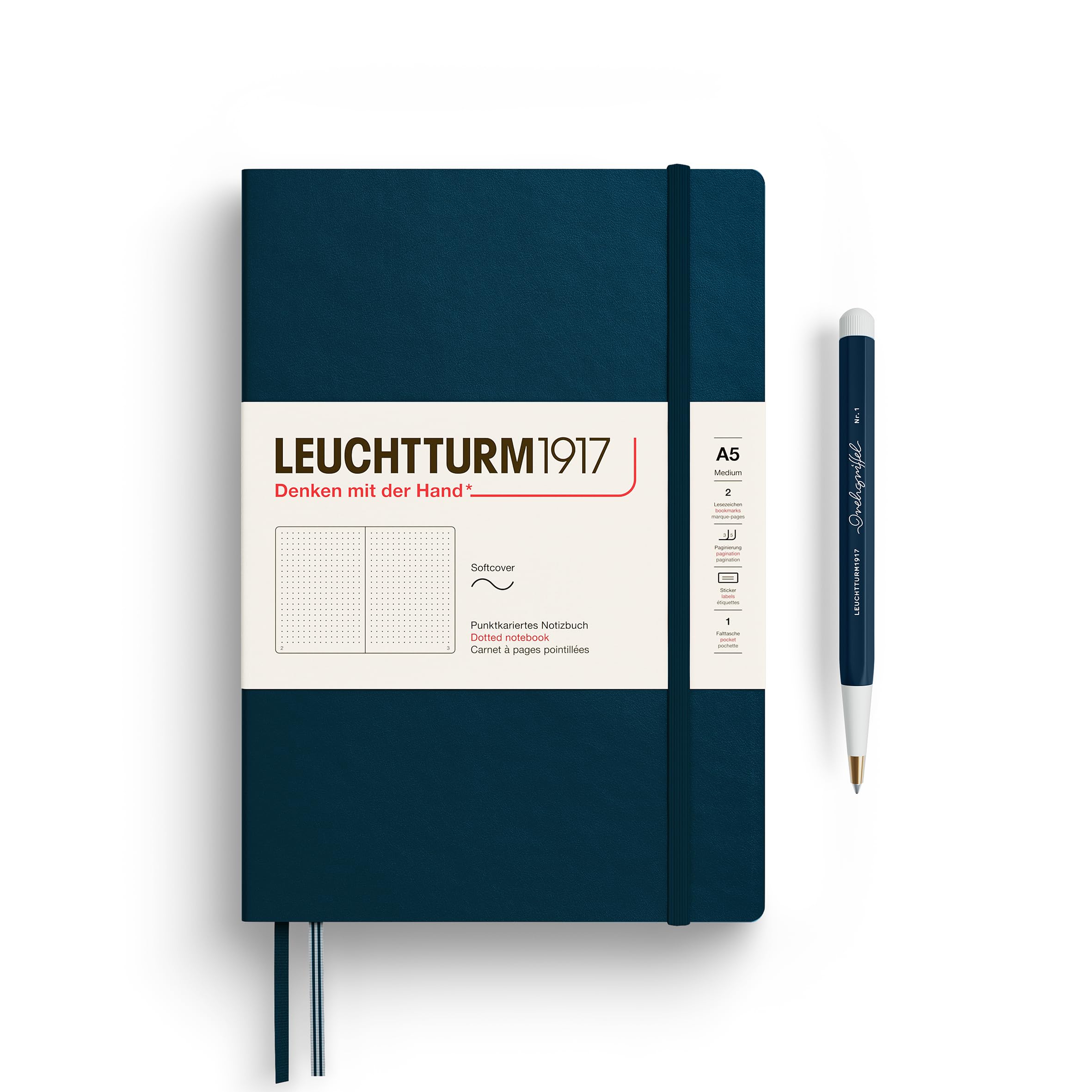 LEUCHTTURM1917 372205 Notebook Medium (A5), Softcover, 123 Numbered Pages, Deep Sea, Dotted