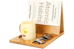 3HQ Wooden Book Holder for Reading Rest, Bamboo Triangle Book Stand with Cup, Glasses, Pen & Phone Holder, Unique Book Nook R