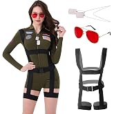 Women&rsquo;s Pilot Costume, 4 Piece Military Aviator Romper with Harness &amp; Tags | 4 Piece Military Pilot Costume Set With Bodysuit Romper, Harness, Red Aviator Sunglasses, Dog Tags For Halloween Cosplay