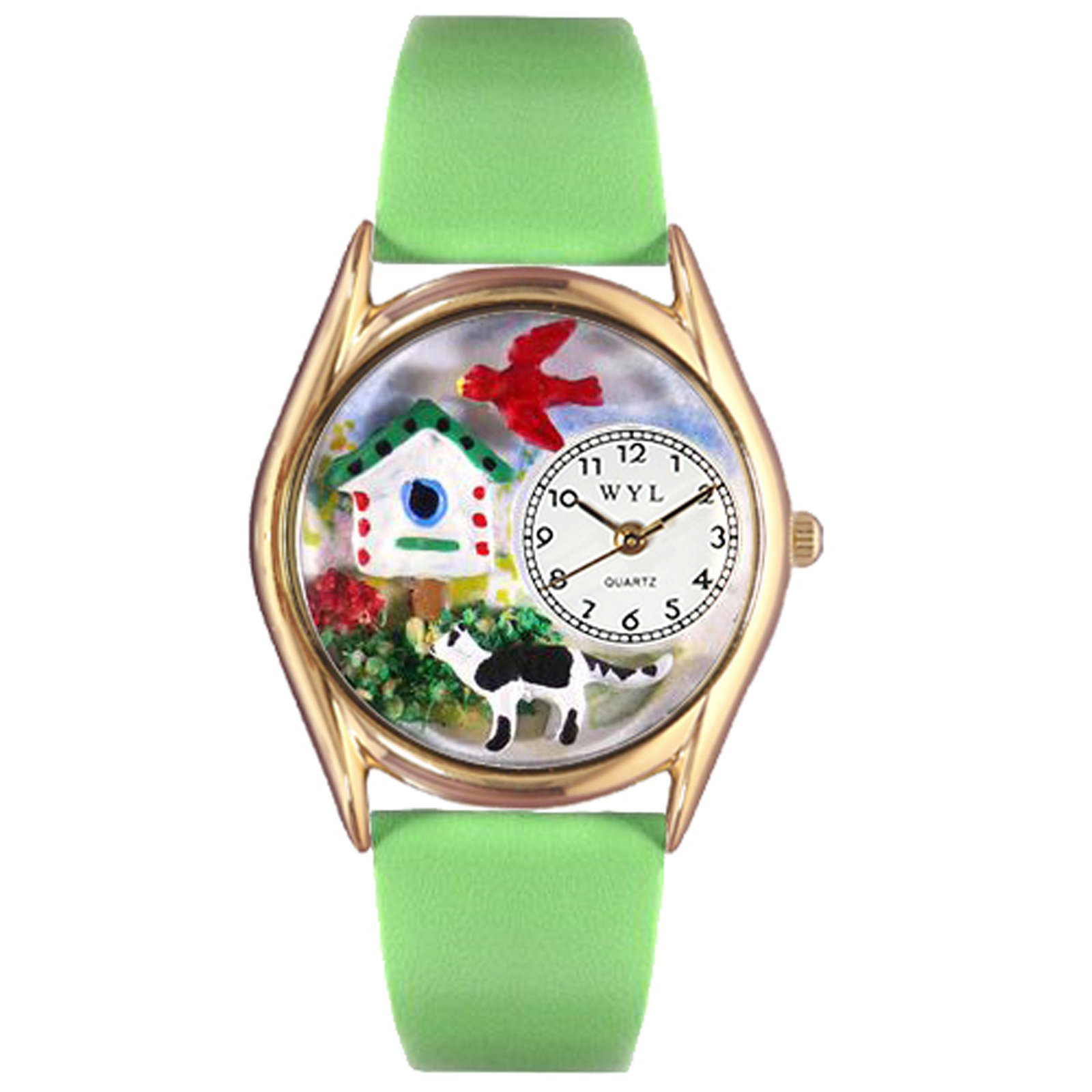Whimsical Watches Birdhouse Cat Black Leather and Goldtone Unisex Quartz Watch with White Dial Analogue Display and Multicolour Leather Strap C-1210009