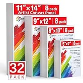 Simetufy Canvas for Painting 32 Pack Paint Canvas Boards for Kids 8pcs of Each 5x7, 8x10, 9x12, 11x14 100% Cotton for Acrylic Watercolor Paint