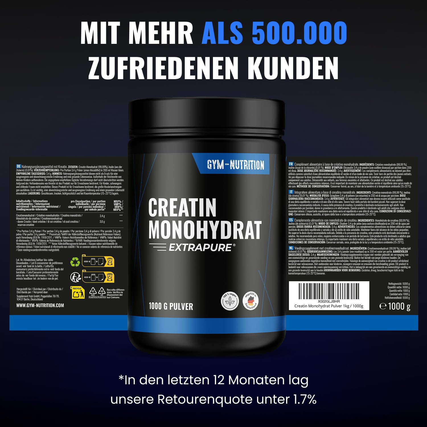 Creatin Monohydrat Pulver 1kg / 1000g - Ultra Reines Kreatin Monohydrat mit Inulin - Hochdosiert - Extrapure Creatine Monohydrat - Creatin Pulver Monohydrate - Vegan Jahresvorrat 4