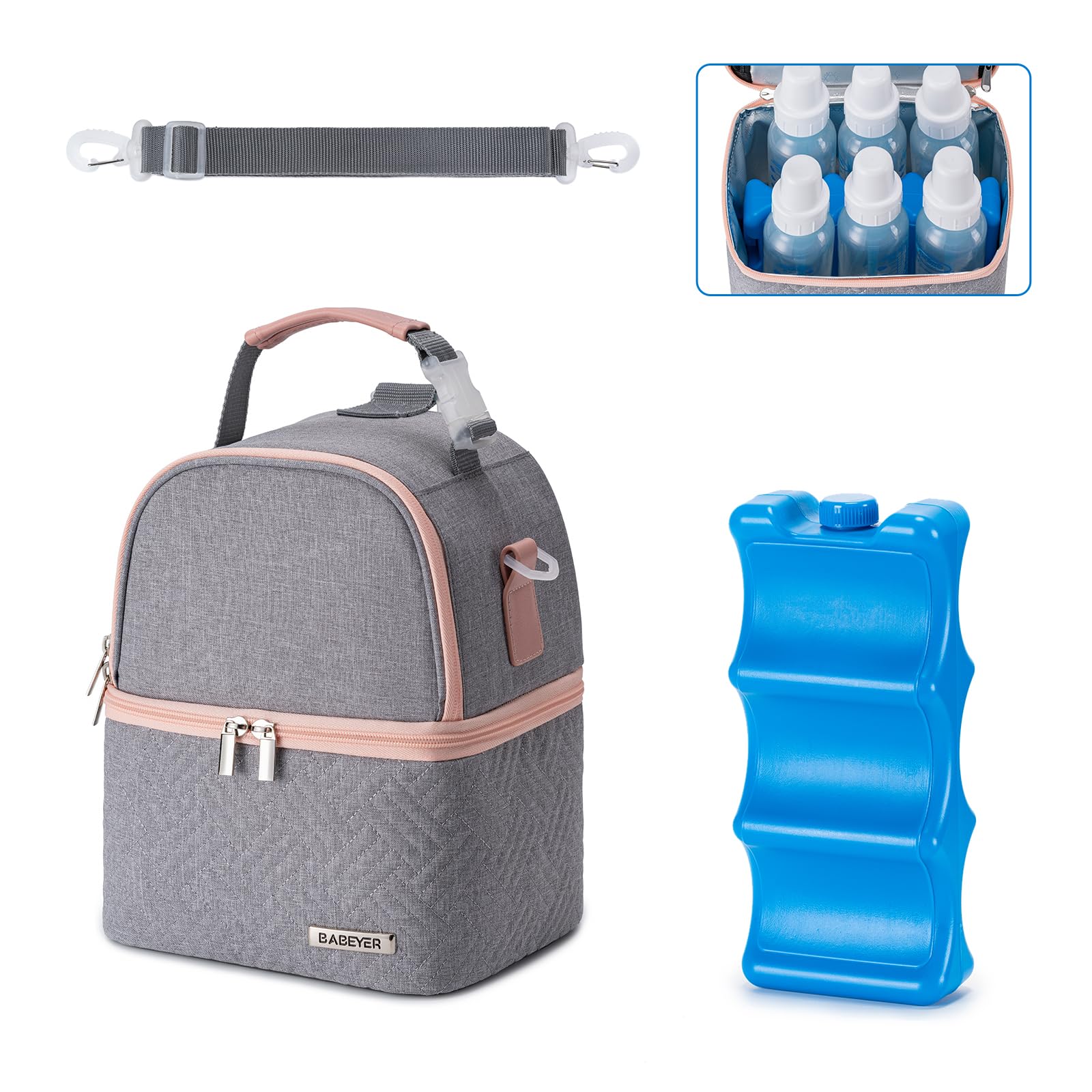 Photo 1 of BABEYER Breastmilk Cooler Bag with Ice Pack Fits 6 Baby Bottles up to 9 Ounce, Breast Milk Pump Cooler Bag with Shoulder Strap for Nursing Mom Daycare, Work, Travel- Grey