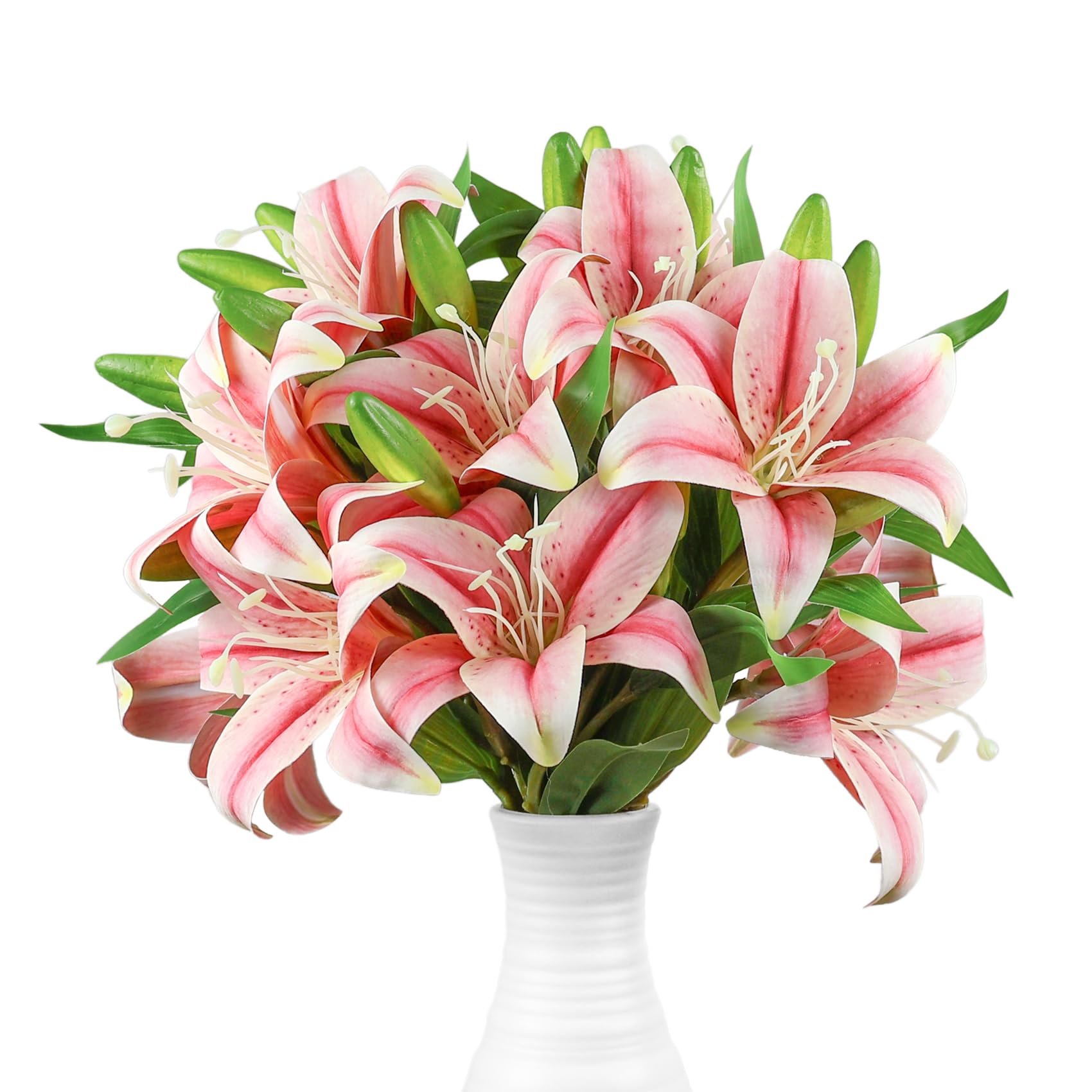Ikosora 12 Pcs Pink Artificial Lily Flower, Realistic Long Stem Real Touch Stargazer Lily, Faux Lily Flower Fake Floral with Rods for Home Party Wedding Table Centerpiece Garden DIY Craft Decoration