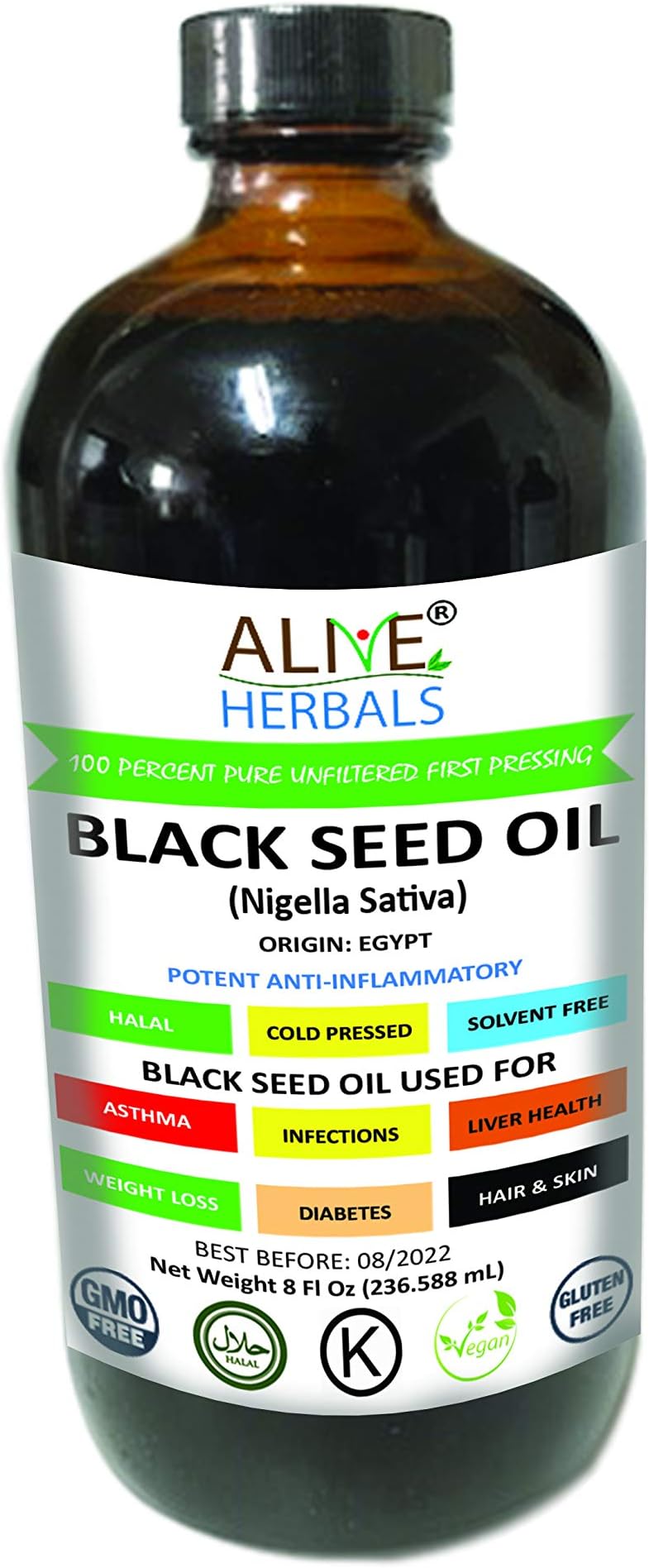 Alive Herbal Black Seed Oil - Egypt- Nigella Sativa - Virgin 100% Raw Cold Pressed, Unfiltered, Vegan & Non-GMO, No Preservatives & Artificial Color- Kosher Glass Bottle-8 Oz.