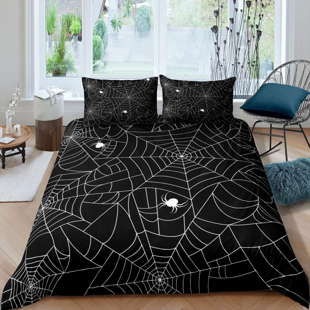 Loussiesd Boys Spider Web Bedding Set for Kids Children Halloween Themed Comforter Cover Decorative Scary Spider Pattern Duvet Cover Black White Animal Theme Bedspread Double Size 3Pcs Bedclothes — image 1