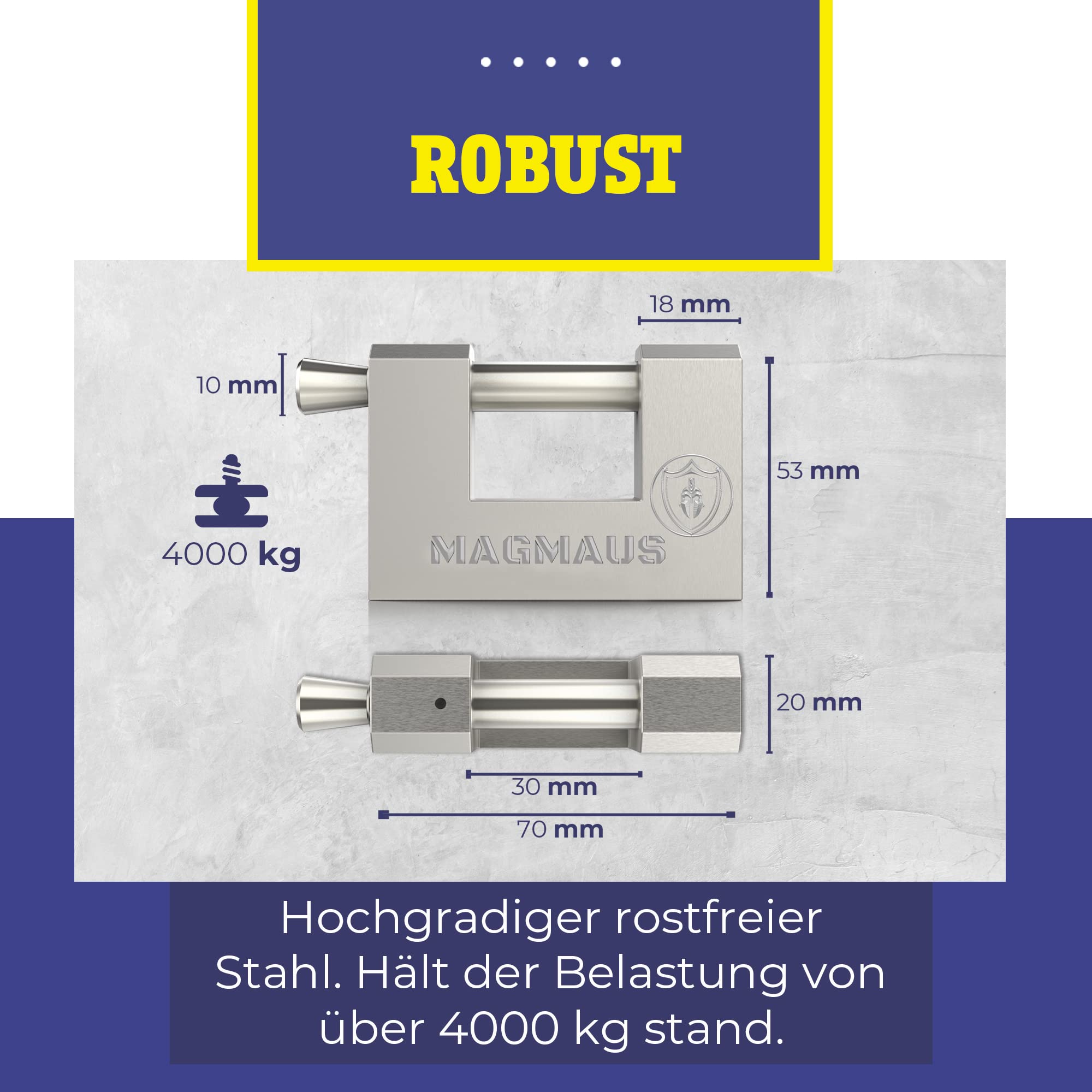 Magmaus® RTL70 Schwerlast Wetterfestes Vorhängeschloss mit 3 Schlüssel - 10 mm Schnittfester Bügel, Anti-Bohr Zylinder, Edelstahl & Rostfrei | Sicherheitsschloss für Schuppen, Tor, Container, Garage 2
