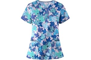 ODEUIAOD Womens Scrub Tops Fashion Printed Work Uniform T-Shirt V Neck Short Sleeve Nurse Tops Tunic Blouse with Pocket