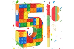 HOOQICT Building Blocks 5th Birthday Party Decorations Number 5 Pinata with Pinata Stick & Blindfold for Kids Girls Boys Happy Birthday Building Block Theme Party Supplies Carnival Games