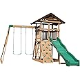 Backyard Discovery Lightning Ridge All Cedar Wooden Swing Set, Raised Clubhouse, 2 Belt Swings, 10 Inch Wave Slide, Ladder, Climbing Rock Wall