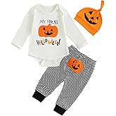 Lamuusaa Newborn Baby Boy Halloween Outfit My First Halloween Romper Stripe Long Pants Pumpkin Hat 3Pcs Clothes Set
