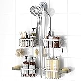 Adjustable Aluminum Shower Caddy Hanging for Handheld Showerhead, Silver | Rustproof Aluminum, Shower Organizer, Anti-Slip, Quick-Drain Shelf, 40lbs Capacity, Suction Cups, 8 Hooks, Razor Soap Holders