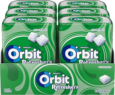 Orbit refreshers, pote de goma de mascar sem açúcar orbit refreshers, pote de goma de mascar sem açúcar sabor hortelã-pimenta que proporciona frescor imediato, drageias (6 x 30 gomas de mascar)