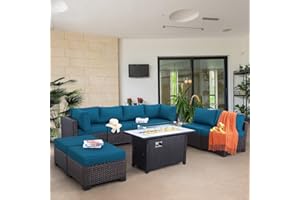 Lviden 9 Pieces Wicker Patio Furniture Set Outdoor PE Rattan Sectional Conversation Sofa Set with Peacock Blue Cushions and 45” Gas fire Pit Table