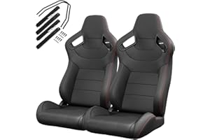 VROOMAUTO Pair of Universal Racing Seats, PVC Leather, Racing Bucket Seats with Dual Sliders, Reclinable for Driver and Passenger Side (VR001)