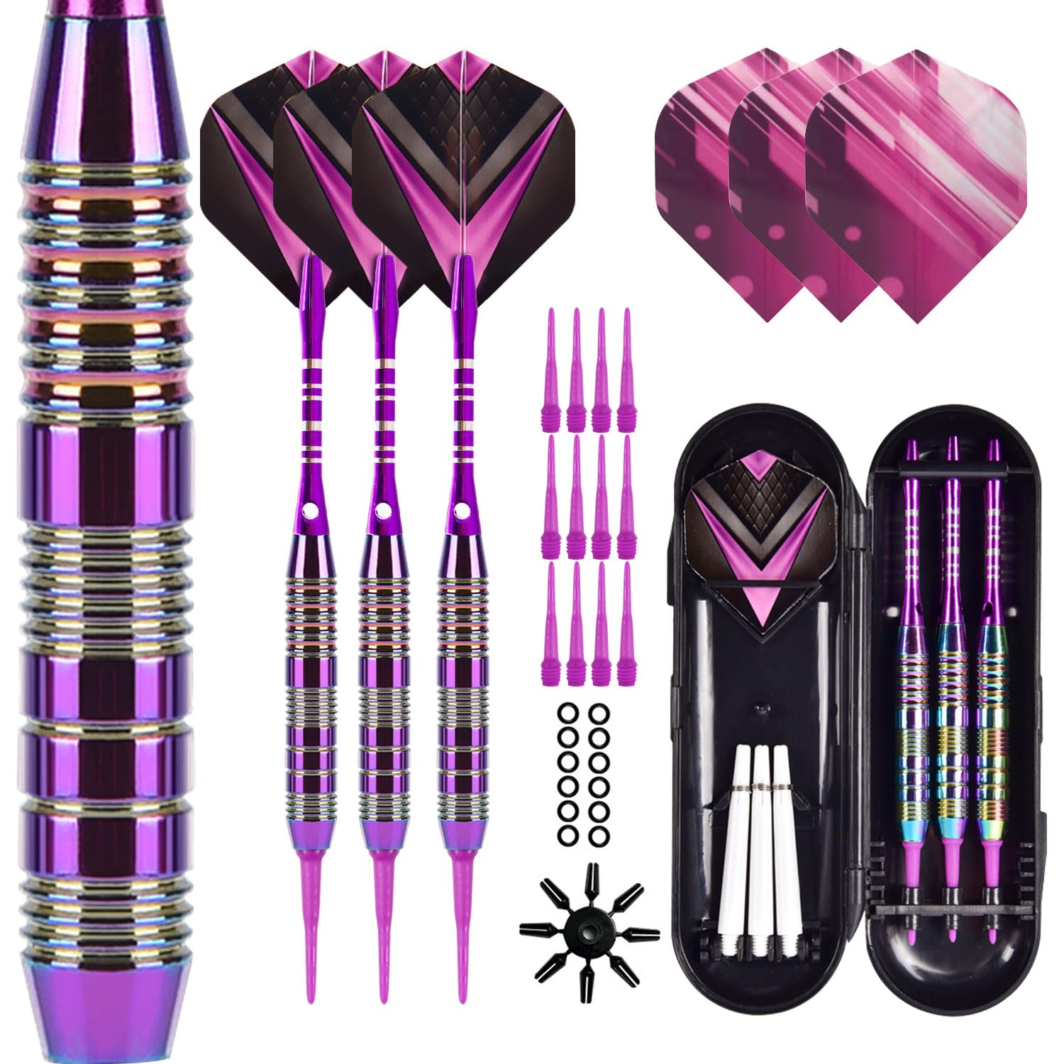 Trecynd Soft Tip Darts Set 3 Aluminum Shaft Professional Darts Plastic Tip Sets 2BA Replacement Tips + Extra 3 Dart Flights 3 Replace Plastic Shafts for Electronic Dart Board (Purple)
