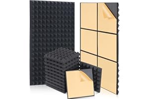 AUSLET 24 Pack Self-Adhesive Acoustic Foam Panels, 12" x 12" x 2" High Density Pyramid Soundproof Panels, Noise Cancelling for Studio, Office, or Gaming Room