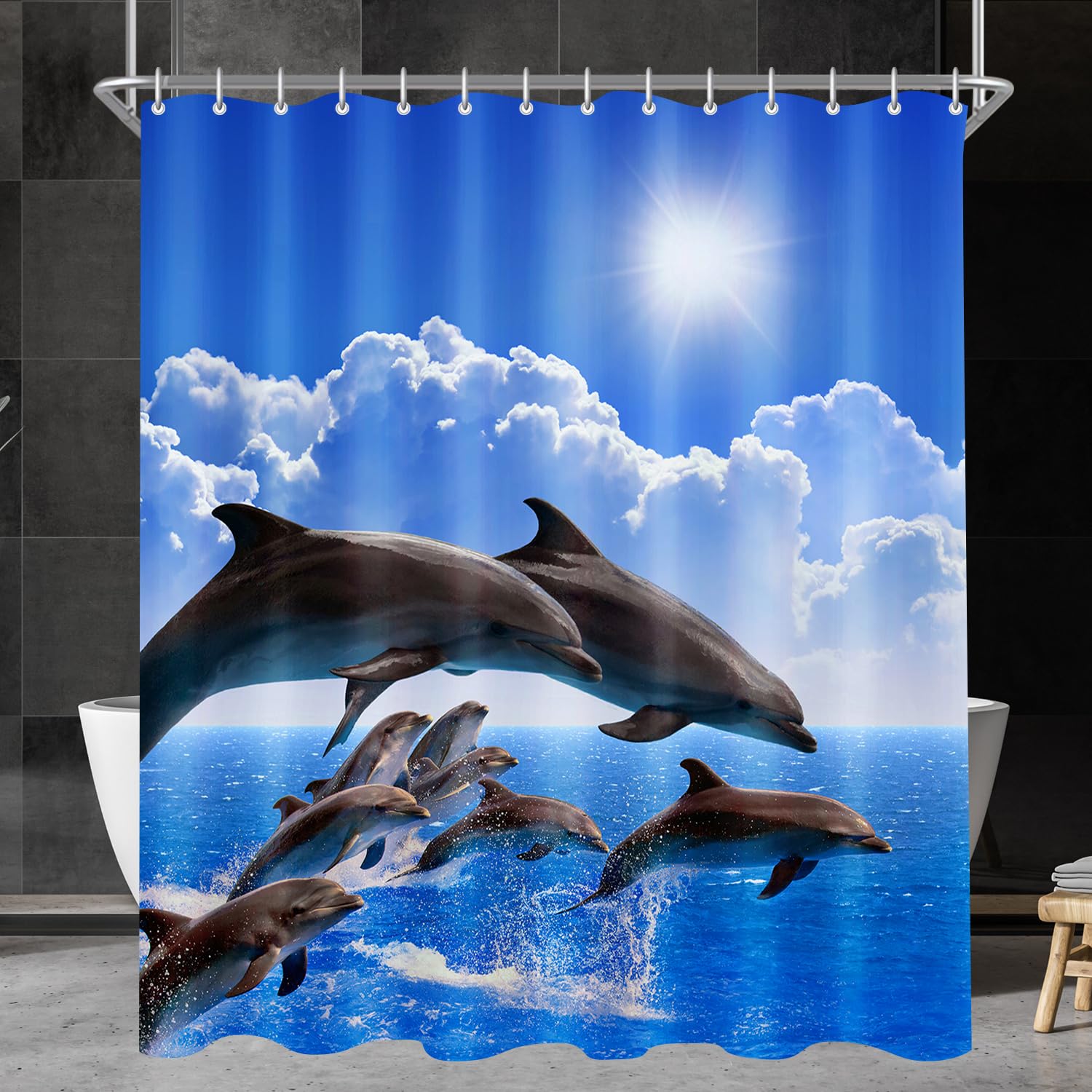 Lerores Shower Curtain, 120 x 200 cm, Dolphin, Weighted Hem, Anti-Mould Textile, Water-Repellent, Washable Polyester Fabric Bath Curtains with 8 Eyelets and Shower Curtain Rings for Bathroom, Bathtub — image 1