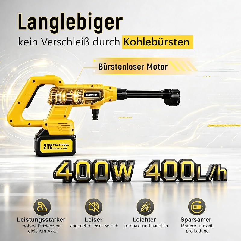 Akku Hochdruckreiniger 21V, 68 Bar, 2X 4000mAh Akkus,Gelb