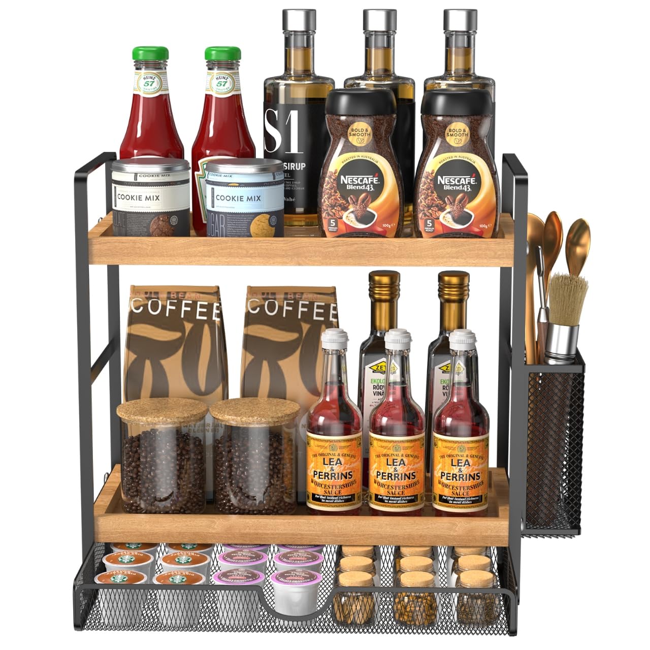 Photo 1 of Harnidipa 2 Tier Spice Rack Organizer for Countertop with Drawer and Basket, Suitable for Coffee Organizer, Kitchen Counter Storage, Bathroom Storage