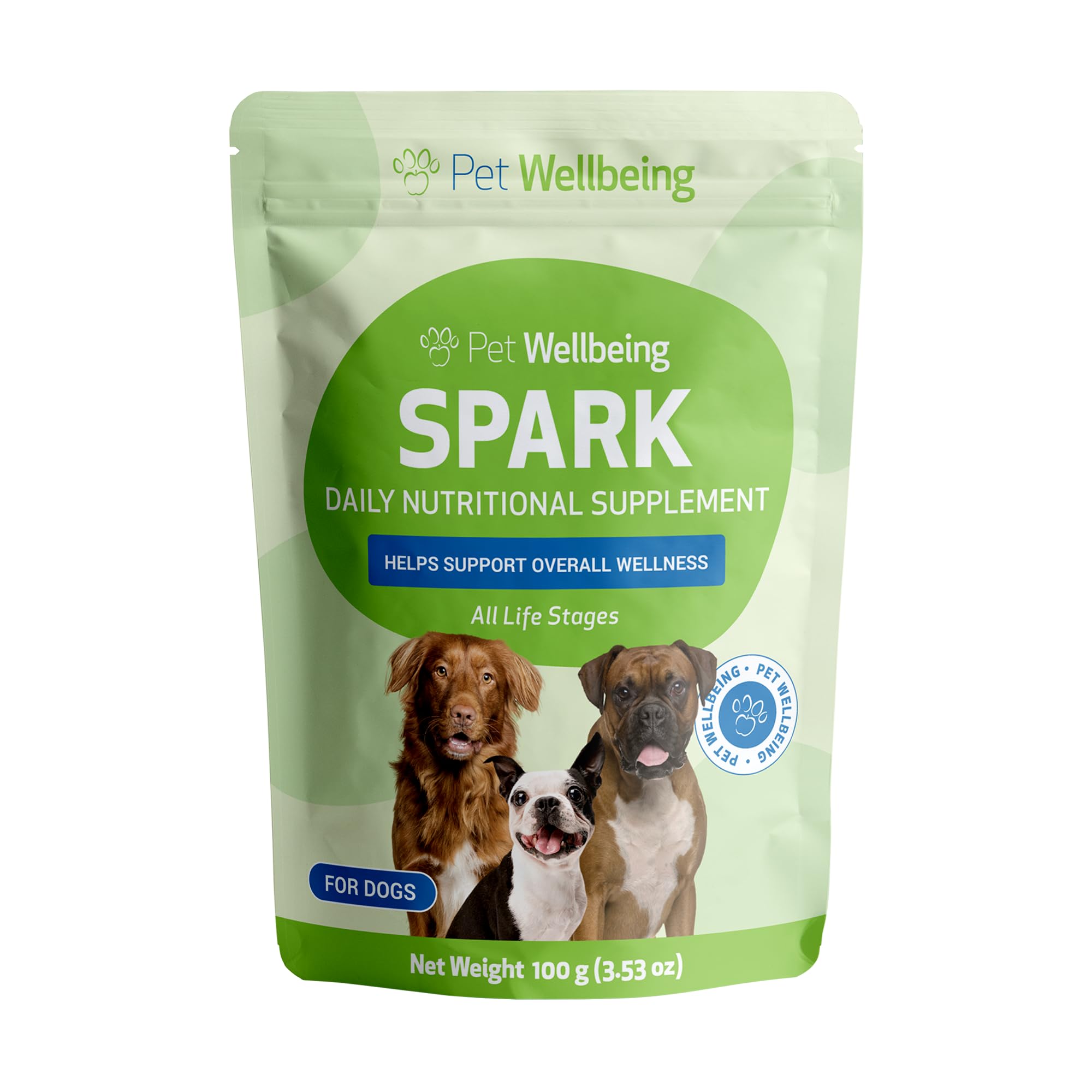 Pet Wellbeing Spark Daily Nutritional Greens Superfood for Dogs - Probiotics, Prebiotics, Digestive Enzymes, Amino Acids, Antioxidants, Vitamin D, Spirulina - Veterinarian-Formulated 3.53 oz (100 g)