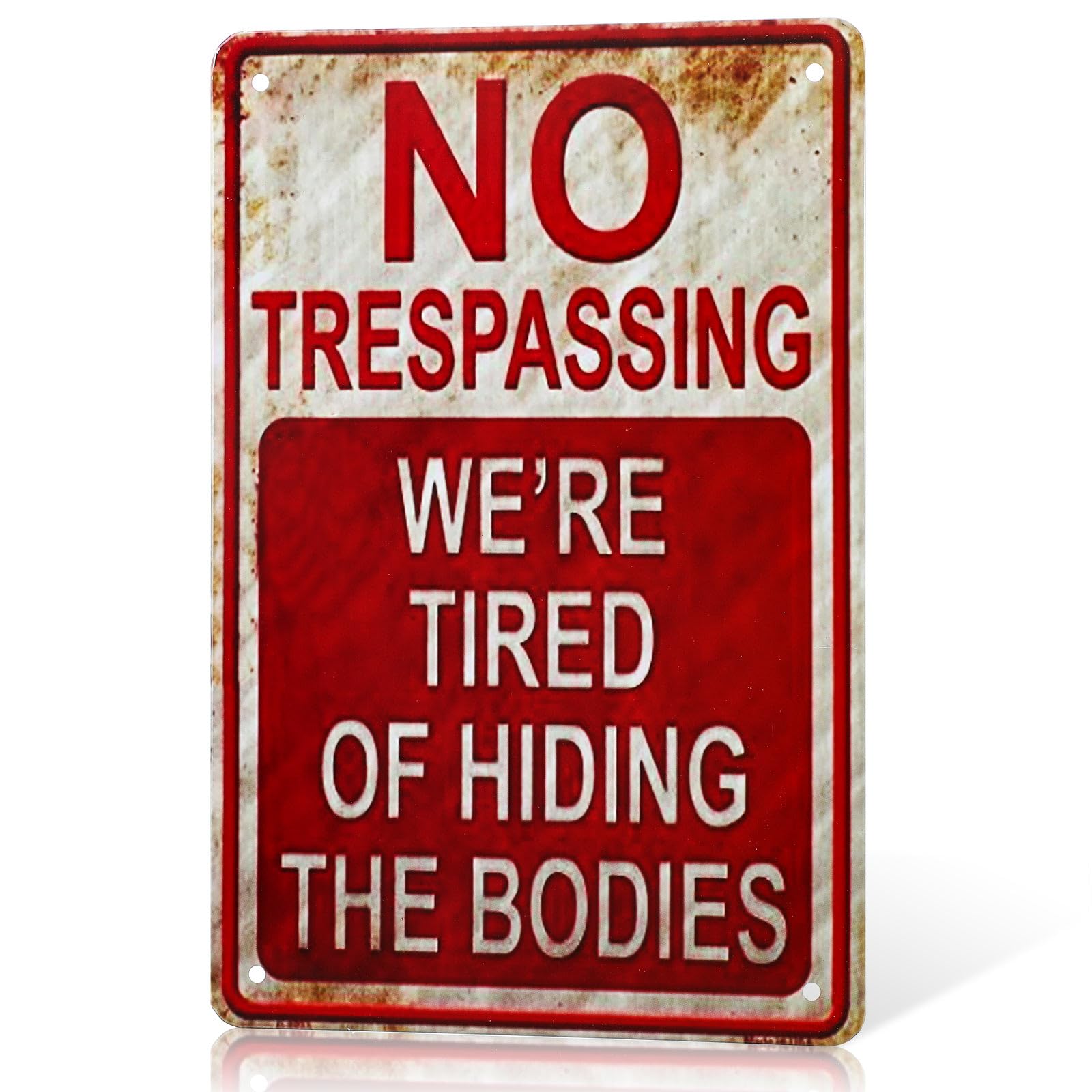 Photect Halloween Funny Metal Sign Vintage Cool No Trespassing We're Tired of Hiding Metal Sign Outdoor Yard Signs Door Wall Halloween Decorations for Home Garden Bar Gifts Ornament Accessories