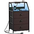 REAHOME Nightstand with Charging Station and Led Light, Tall Brown Bedside Table with 3 Fabric Drawers and 2-Tier Storage Shelves, Modern Night Stands with Wooden Top for Bedroom - Dark Brown