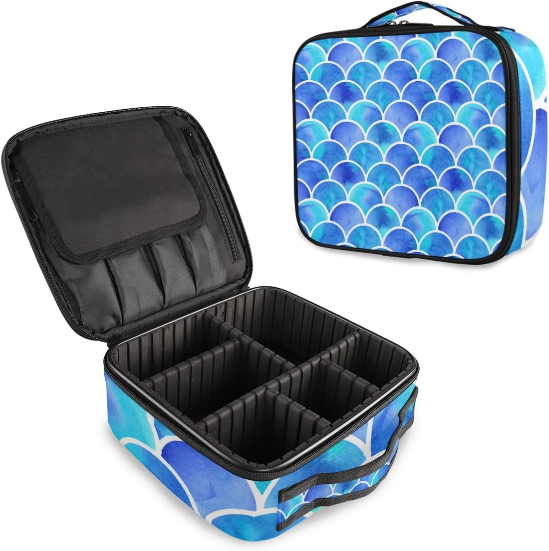 Mermaid Scale Blue Make Up Bag Travel Makeup Case Waterproof Detachable Makeup Pouch Organizer Toiletry Portable Cosmetic Bag Oxford Fabric