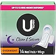 U by Kotex Maxi Pads with Wings, Clean & Secure, Overnight Absorbency, 14 Count (Packaging May Vary)