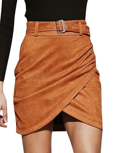 Melegant Damen Herbst Asymmetrischer Rock Mini Leder High Waist Eng Skrit Mit Schlitz Winter
