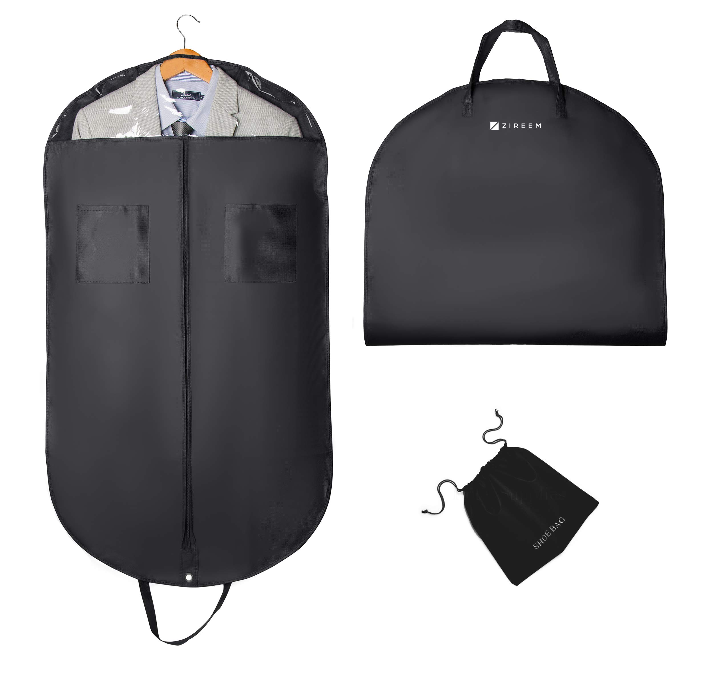 Zireem Kleidersack inkl. kostenlosem Schuhbeutel | Premium Stabil Anzugtasche | Kleiderhülle | Atmungsaktiv | Hochwertiger Anzugsack | Schwarz | 110 × 60 cm |