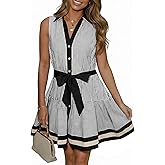 Wenrine Womens Summer Button Down Shirt Dresses Sleeveless Collared V Neck Striped Tie Waist Mini Dress with Pockets