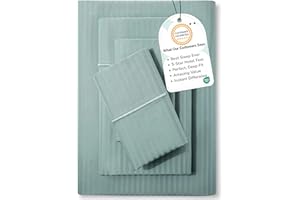 FEATHER & STITCH NEW YORK Feather & Stitch 500 TC King Size Damask Bed Sheet Set, 100% Cotton Soft Breathable Bedsheets, 4 Piece 18" Deep Pockets Sateen Weave Striped Bedding Mattress Resort Hotel Luxury- (Granite Green, King)