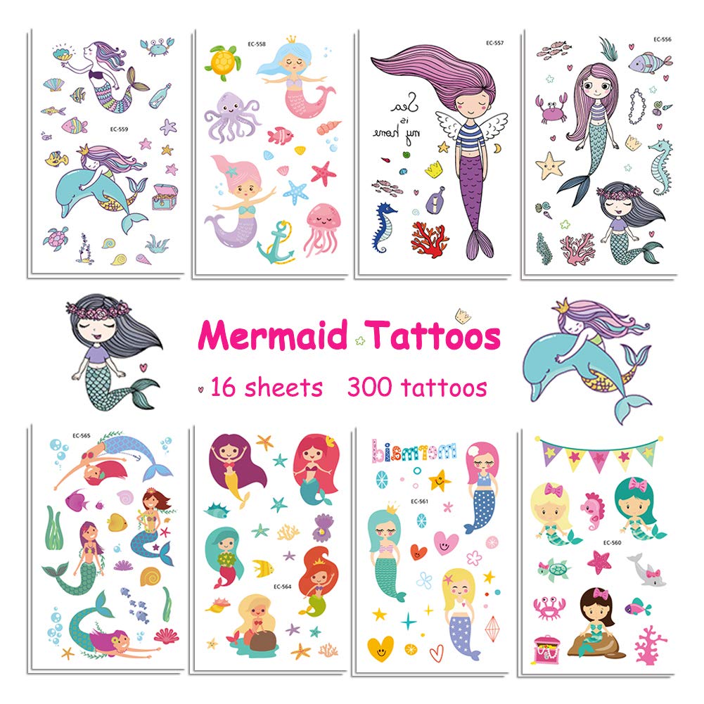 Vindyeer Mermaid Temporary Tattoos for Kids Birthday Party, 300 Tattoos (Pack of 16 Sheets) Waterproof Mermaid Scale Temporary Tattoos, Under the Sea/Mermaid Party Supplies Great Children Party Favors